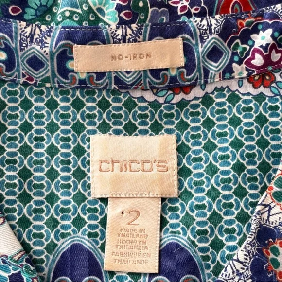 Chicos Multi Color Mosaic Button Down Tunic No Iron Shirt Size 2 Large Pockets - Picture 10 of 15